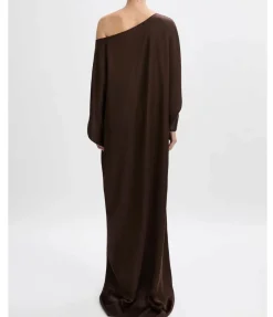 Asymmetric Silk Satin Gown in Chocolate