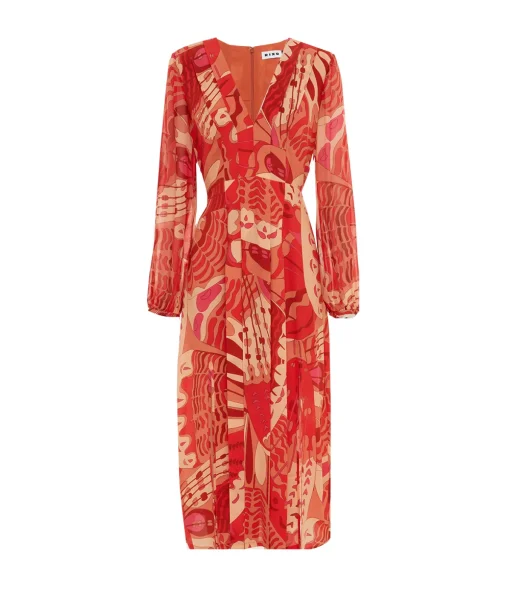 Camellia Silk Longsleeve Dress in Butterfly Red