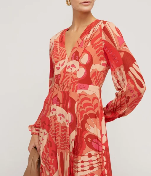 Camellia Silk Longsleeve Dress in Butterfly Red