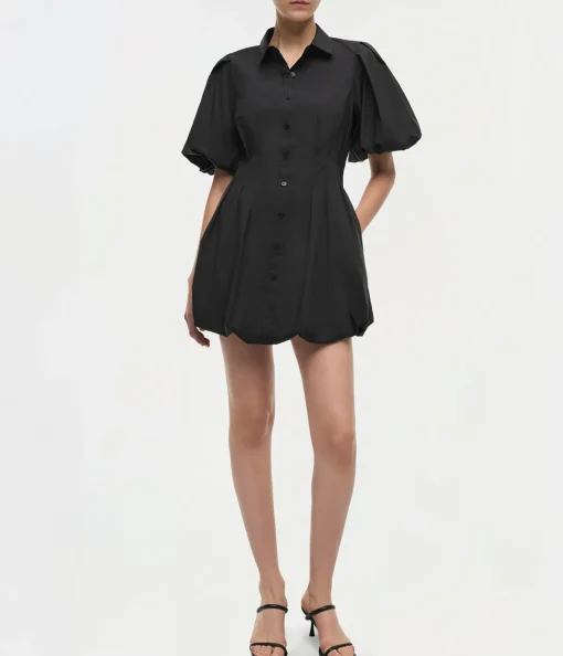 Cleo Balloon Pintuck Mini Dress in Black