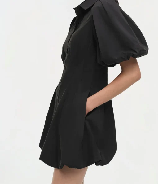 Cleo Balloon Pintuck Mini Dress in Black