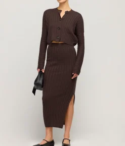 Cotton Cashmere Ribbed Cardigan in Chocolate