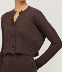 Cotton Cashmere Ribbed Cardigan in Chocolate
