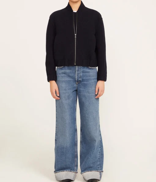 Cropped Wool Bomber Jacket in Navy