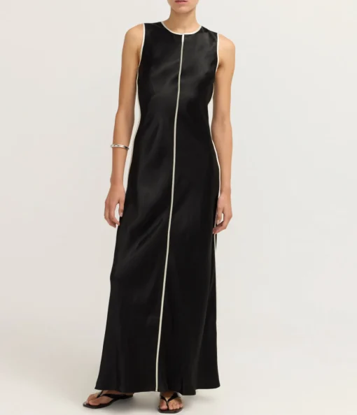 Crush Contrast Bind Maxi Tank Dress in Black and Cream