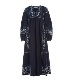Inga Embroidery Long Sleeve Dress in Navy