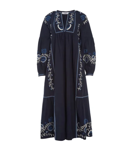 Inga Embroidery Long Sleeve Dress in Navy