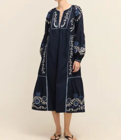 Inga Embroidery Long Sleeve Dress in Navy