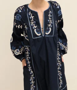 Inga Embroidery Long Sleeve Dress in Navy