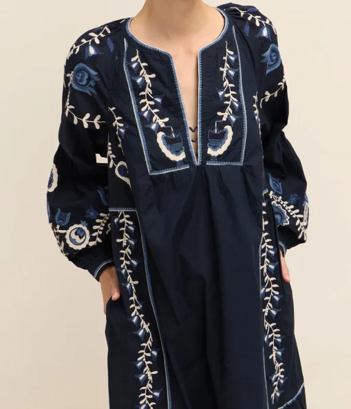 Inga Embroidery Long Sleeve Dress in Navy