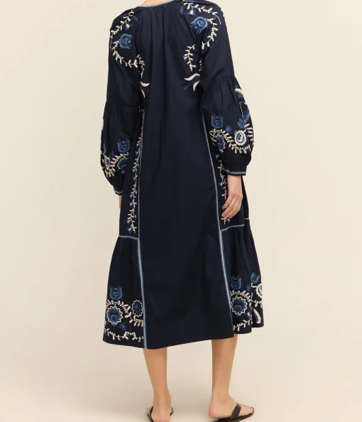 Inga Embroidery Long Sleeve Dress in Navy