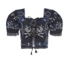 Inga Embroidery Puff Sleeve Top in Navy