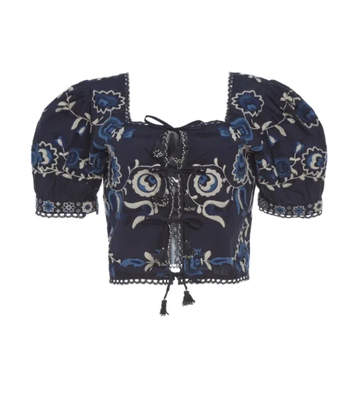 Inga Embroidery Puff Sleeve Top in Navy