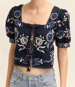 Inga Embroidery Puff Sleeve Top in Navy