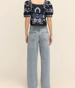 Inga Embroidery Puff Sleeve Top in Navy