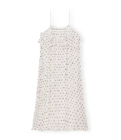Pleated Georgette Strap Dress in Egret