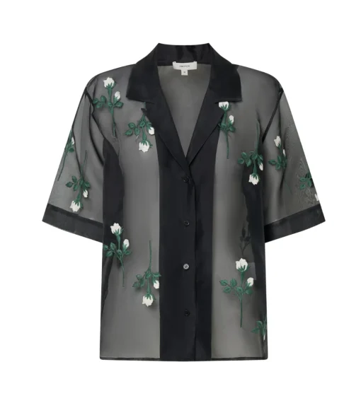 Rosebud Embroidery Camp Shirt in Black