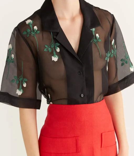 Rosebud Embroidery Camp Shirt in Black