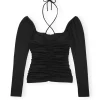 Shiny Crepe Jersey Ruched Blouse in Black