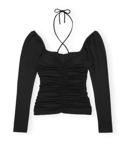 Shiny Crepe Jersey Ruched Blouse in Black