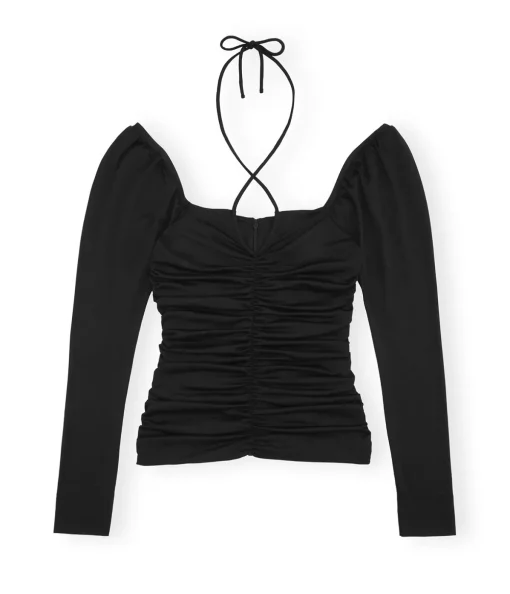 Shiny Crepe Jersey Ruched Blouse in Black