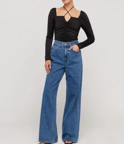 Shiny Crepe Jersey Ruched Blouse in Black