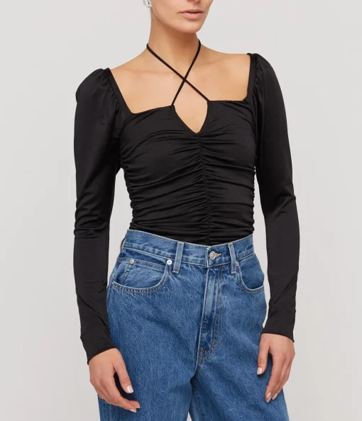 Shiny Crepe Jersey Ruched Blouse in Black