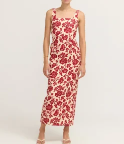 Skyla Column Dress in Deep Red and Oat