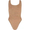 Square Neck Striped Swimsuit in Metallic Cocoa and White