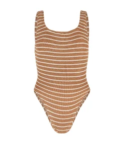 Square Neck Striped Swimsuit in Metallic Cocoa and White