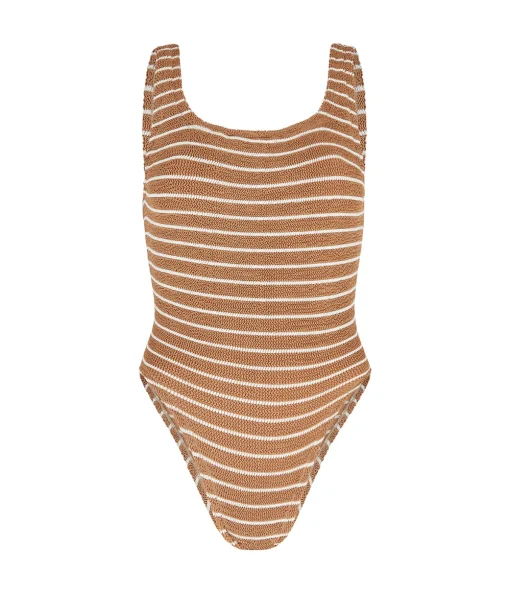 Square Neck Striped Swimsuit in Metallic Cocoa and White