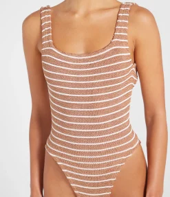 Square Neck Striped Swimsuit in Metallic Cocoa and White